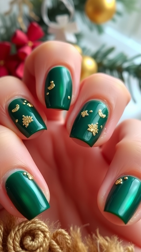 Emerald Green Christmas Nail Art Short emerald green nails with gold glitter accents, perfect for Christmas.